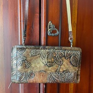 Patricia Nash AZARIO Gold/Chocolate Metallic Embossed Leather Crossbody Clutch